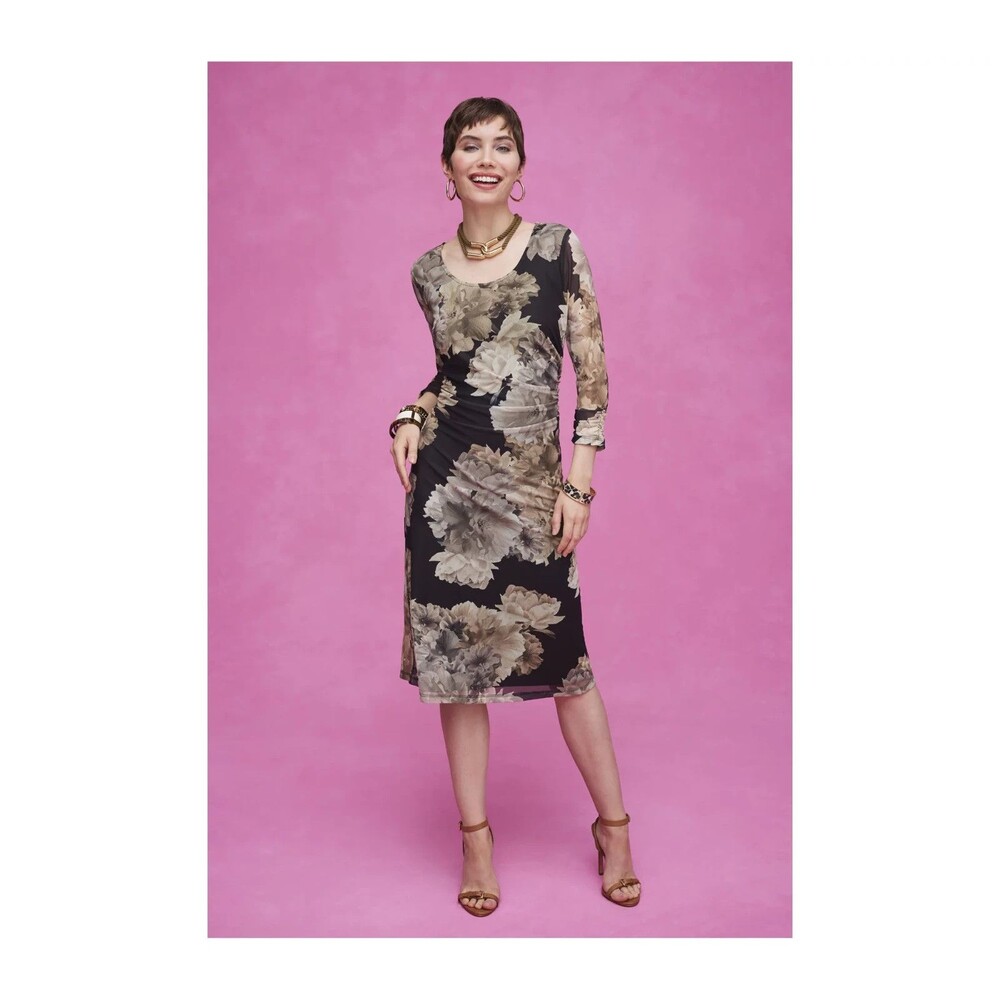 Isaac Mizrahi Live! Regular Printed Mesh 3/4-Sleeve Midi Dress Black Floral 2X